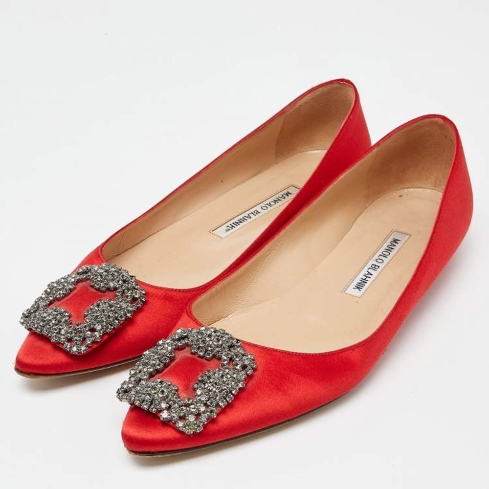 Manolo Blahnik Embellished Coral Satin Flats Size 35